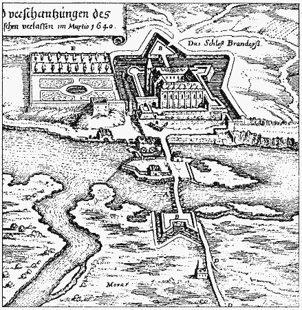 zámek s švédským opevněním v roce 1640 (rytina z Merianovy Topografie)