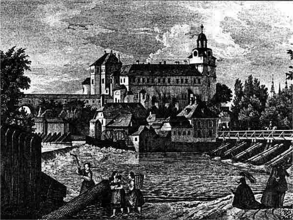 zámek přes řeku (rytina J. Richtera z r. 1839 podle kresby F. Schiera)