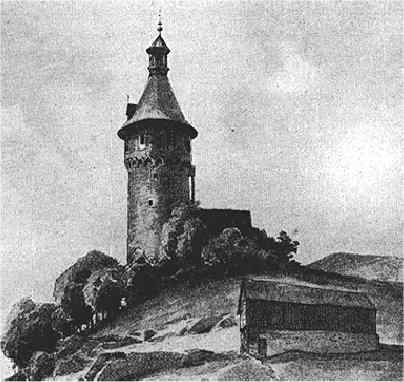 severní věž od severu na kresbě z 19. století