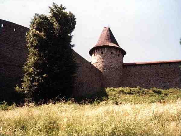 zleva jižní hradba 1. nádvoří, nárožní podkovovitá věž, jižní hradba 2. nádvoří