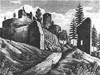 pohled od 1. brány na rytině z r. 1843 podle F.A. Hebera